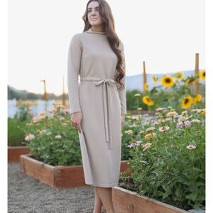 Chic Beige Long Sleeve Midi Dress